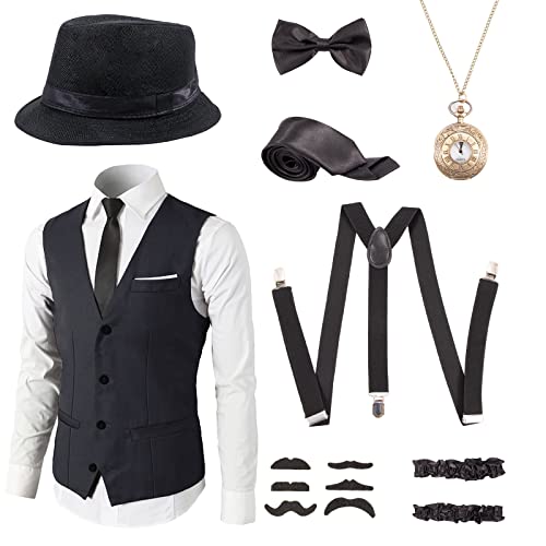 20er Jahre Kostüm Für Herren – Mafia-Look Mit Hosenträger, Fliege, Bart, Augenbrauen, Brille & Falten-Tattoo, Für Halloween & Karneval