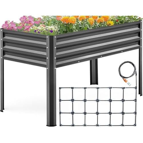 KING BIRD Raised Garden Bed with Irrigation System and Legs Galvanized Elevated Planter Box 48×24×31.5 in for Backyard, Patio, Balcony, 400lb Capacity, Dark Grey 48x24x32 in Irrigation Syste