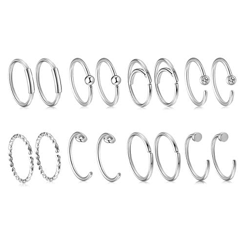 Jovivi 8 Paires Piercing Anneau de Nez Piercing en Acier Inoxydable Hoop Septum Tragus Cartilage Boucle d'oreille 20G 8mm Argent