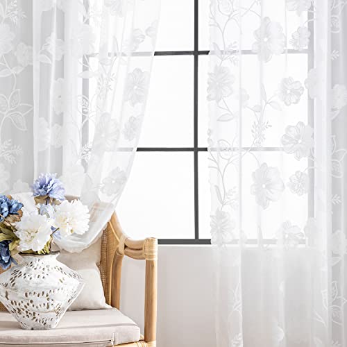 Treatmentex White Lace Sheer Curtains for Living Room 72inch Vintage Rose Botanical Floral Leaf Lace Window Curtain Panel with Decorative Scalloped Edge for Bedroom 52" W 2pcs Pencil Pleat