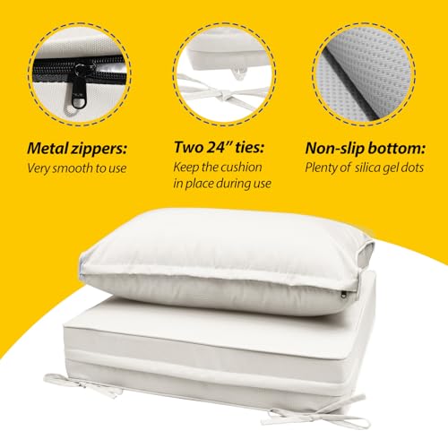 Image of AAAAAcessories Outdoor Seat Cushions for Chairs, Fade-Resistant, Waterproof Patio Furniture Replacement Cushions, 25.5 inch x 25.5 inch x 5 inch + 25.5 inch x 13.5 inch, Set of 2, Linen White