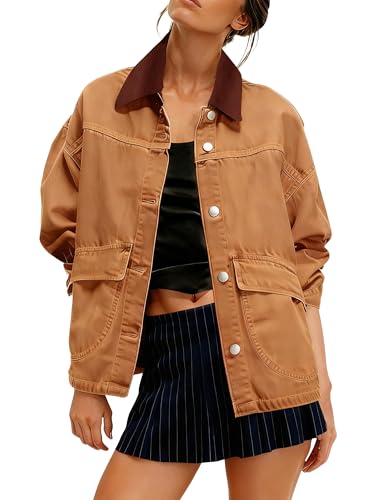 Yeokou Women Oversize Denim Shacket Retro Contrast Collar Casual Button