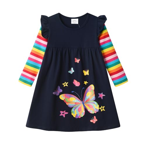 DXTON Mädchen Kleider Langarm Kleid 100% Baumwolle Süße Kinderkleidung...