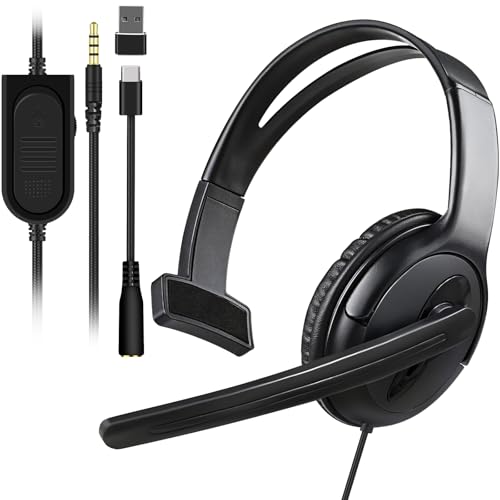 Joso Wired One Ear Headset with Mic, Single Ear Headset for PS5/PS4/Xbox/Switch/PC/iPad/Mac/Tablet with 3.5mm to Type C & USB-A Adapter - Office Business, Remote Work, Coach, Gaming, Chat Headphone