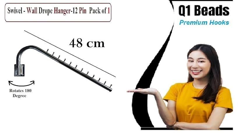 Image of Q1 Beads Steel Wall Mount 12 Pin Swivel Hook Hanger Rail for Display Wall Drope Hanger for Clothes Hanging(1 Pack, Chrome)