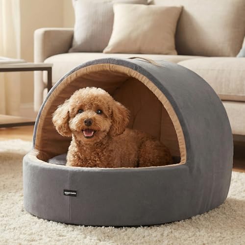 Image of Amazon Basics Pet Bed Cave | Soft & Warm Indoor Tent Bed for Cats, Kittens & Small /Medium Dogs (Pug, Beagle, Shih Tzu) | Foldable with Removable Cushion | Grey & Beige | 59 x 56 x 48 cm
