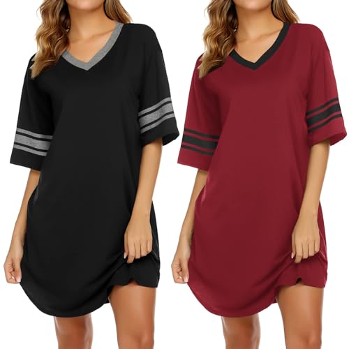 Image of Ekouaer Nightgowns for Women 2 Pack Sleepshirts Short Sleeve Nightshirt V Neck Sleepwear Casual Pajama Dress