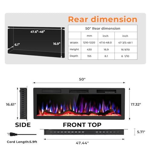 Image of R.W.FLAME 50 inch Recessed and Wall Mounted Smart Electric Fireplace, Alexa /WiFi Enabled, APP Control with Multiple Sound Modes, Remote Control with Timer, Adjustable Flame Colors and Speed