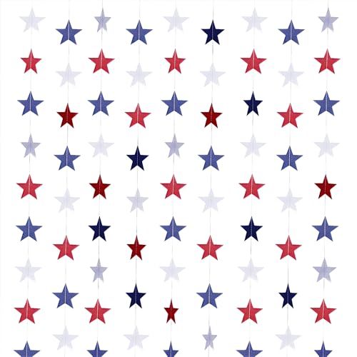 XIANMU 8 Strands Star Streamers Paper Garland Patriotic Decorations Red White Blue Hanging Stars Banner for 4th of July Memorial Day Independence Day Veterans Day Party Decor