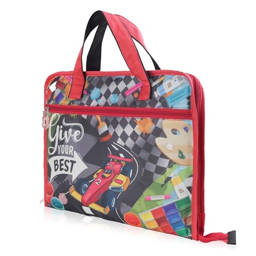 Image of Echo Boomers A4 Kids Drawing Bag | Art & Stationery Organizer with Zipper Pocket (Give Your Best) Race Car Design