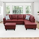 HFYee L Shaped Couch Sectional Couch Modern Sofas for Living Room Faux Leather Sofa Bed Couch with Storage Ottoman, Chaise and Back Cushions for Reception Room and Apartment, Dark Red