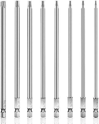 Rocaris 8 Pieces 1/4 Inch Magnetic Hex Shank T8-T40 6 Inch Length S2 Steel Torx Security Head Screwdriver Drill Set Bits