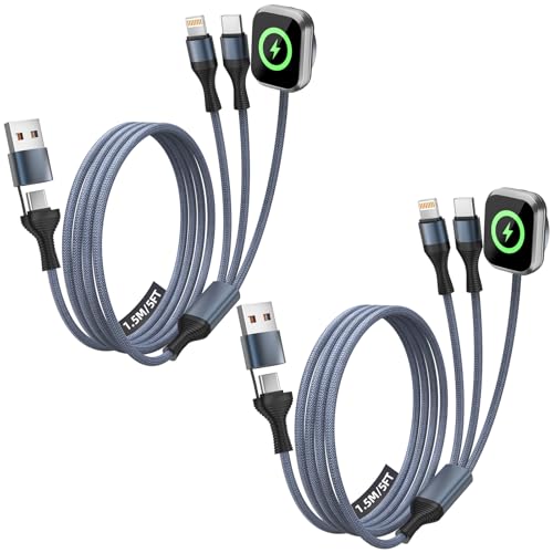 Image of Cruise Essentials 2026, 3 in 2 Multi Charging Cable for iPhone Watch Charger /iPhone 17 /IP, iWatch Charger, Travel Camping Essentials Compatible with iWatch 11-2 /Ultra /iPhone 17-8,Car (2Pack,5FT)Gray