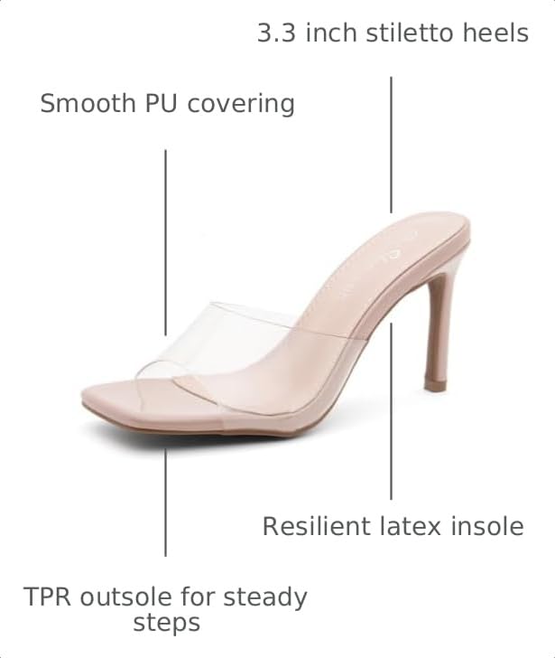 Image of Shoe Land Melrose Women's High Heels Stiletto Heeled Slides, Square Open Toe One Band Slip-On Heeled Mules - Dressy Clear Heeled Sandals for Prom Party Wedding and Vacation
