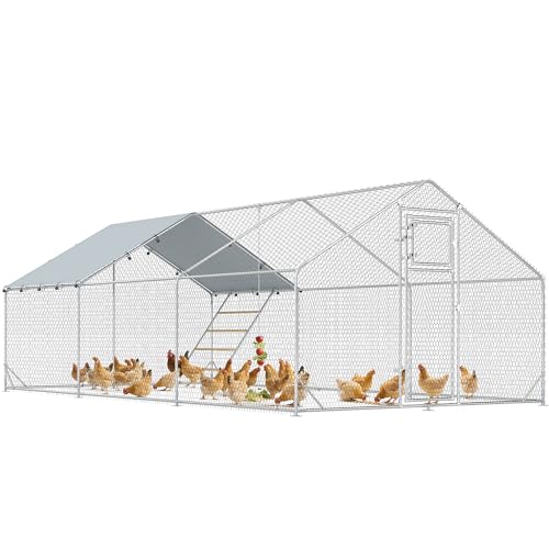 PawHut Gallinero para Exterior 18 m² 3x6x1,95 m para 18-24 Gallinas Gallinero de Acero Galvanizado con Percha Comedero Colgante Tipo Brocheta Cerradura Cubierta Anti-UV Impermeable para Conejos Plata