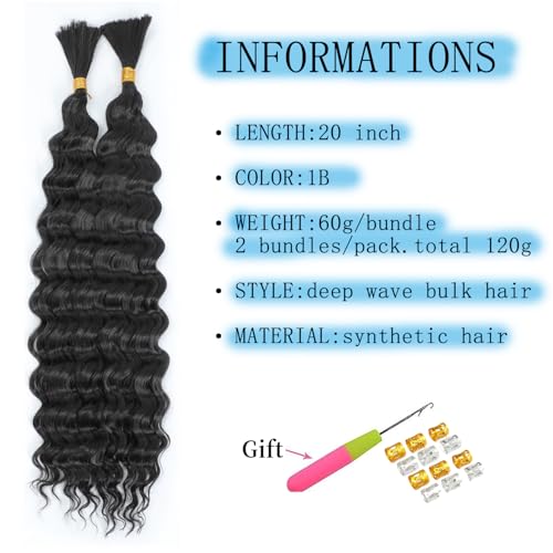 TAOYEMY Deep Wave Bulk Braiding Hair 120g (1 Pack-2 Bundles) No Weft Boho Braids Wet and Wavy Synthetic Hair Extension (1B - Image 2