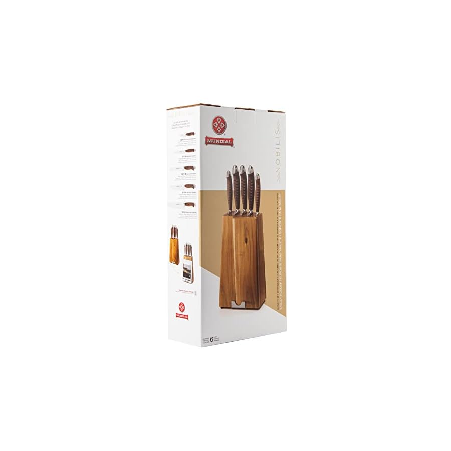Mundial Nobilis Series 6-Piece Knife Block Set, Including 5 Knives with Wood Handle and Stainless Steel Blades and 1 Wood Block with Tablet Support