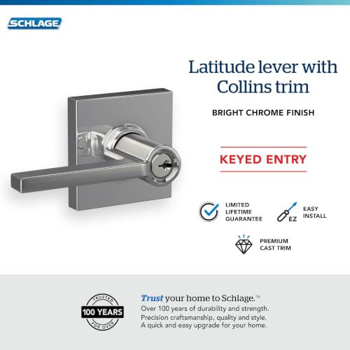 Image of SCHLAGE Latitude Keyed Entry Door Handle, Reversible, Bright Chrome | Keyed entry lever door handle with turn-button lock, Easy to install, Certified security & durability, Universal fit, 2 keys