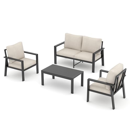 Image of UDPATIO Aluminum Outdoor Patio Furniture Set 4-Seat Metal Patio Conversation Sets with Coffee Table and Water-Resistant Cushions, Modern Patio Sectional Sofa for Porch, Deck, Backyard, Poolside