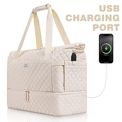 Weekender Bag for Women, Travel Duffel Bag with USB Charging Port, Weekender Overnight Bag with Wet Pocket and Shoes Compartment for Women (Beige)2