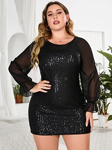 Floerns Women's Plus Size Sequin Mesh Long Sleeve Party Bodycon Mini Dress Black 3Xl #TOP4