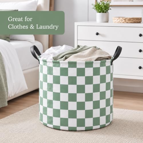 Image of MAIZMZ 3 Pack Sage Checkered Storage Baskets Kids Hamper, 15.7 inchD x13.3 inchH, Waterproof Lining, Leather Handles, Collapsible for Laundry, Toys, Clothes, Gift Set