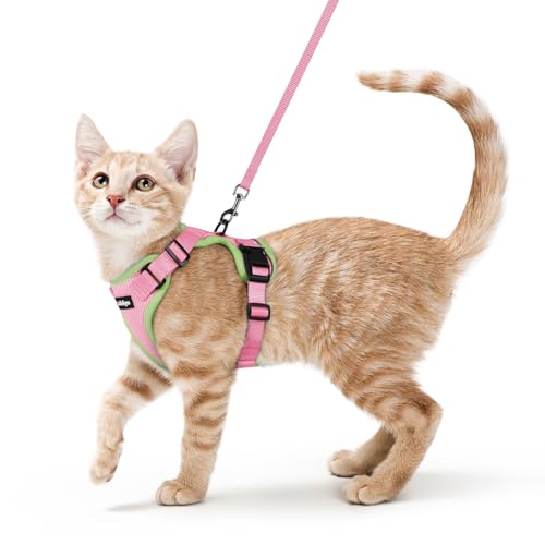 rabbitgoo Cat Harness and Leash for Walking, Escape Proof Soft Adjustable Vest Harnesses for Cats, Easy Control Breathable Reflective Strips Jacket, Pink&Light Green, XS