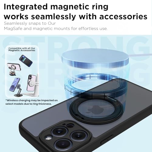 Image of RIGGEAR Shockproof Sleek Hybrid Armor 360 Rotating Magnetic Ring Stand Back Cover Case Compatible with MagSafe Accessories for iPhone 15 Pro Max (Clear PC + Black TPU Bumper)