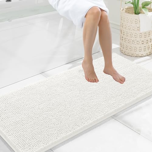 Smiry Luxury Chenille Bathroom Rugs 47x20, Extra Soft and Absorbent Shaggy Bath Mat, Machine Washable, Non-Slip Plush Carpet Runner for Tub, Shower, and Floor, Home Decor Accessories, Ivory