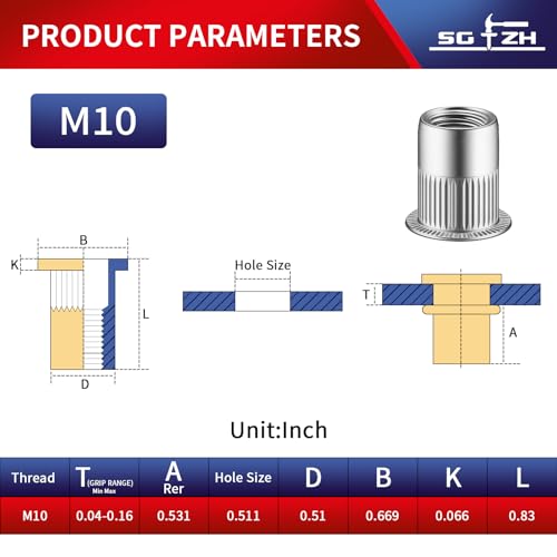 SG TZH 25Pcs Rivet Nut M10 Stainless Steel 304 Flat Head Rivnut Threaded Insert Nutsert Rivet Nut, Knurled Body by SG TZH - Used condition - Image 2