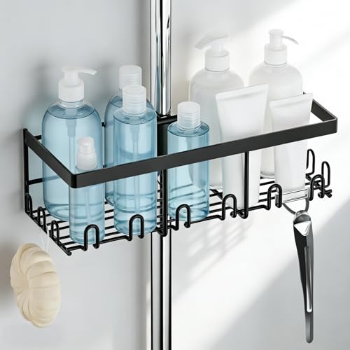 RUIHANDA Estante para ducha sin taladrar, estante para barras REDONDAS de 18 mm a 25 mm (no apto para barras cuadradas/rectangulares), soporte para champú para ducha con 12 ganchos, negro