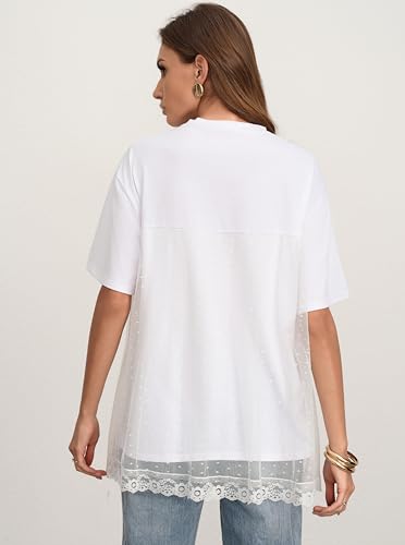 CSDAJIO Trendy Crew Neck Oversized T Shirts for Women Short Sleeve Loose Graphic Tee Summer Lace Top Floral White Large — view 2