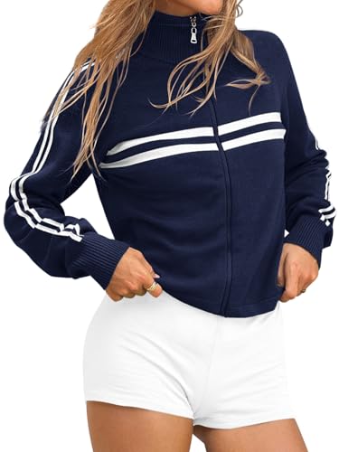 Trendy Queen TRD695 Workout Jackets For Woman Zip Up Color Block Turtleneck Sweater Workout Y2K Clothes Outerwear Navy L cover
