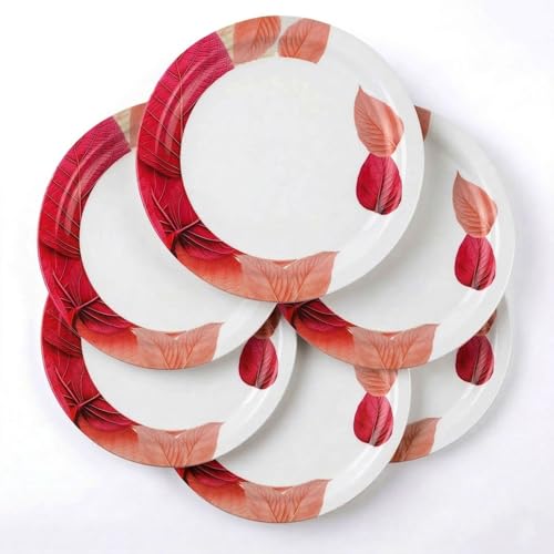 Image of Melamine Dinner Plates | Round Full Plate | Microwave Safe | Break Resistant | Plates for Breakfast, Lunch, Dinner | Plates for home, Office, Restaurant | Set of 6 | 11 Inch's (PINK LEAF)