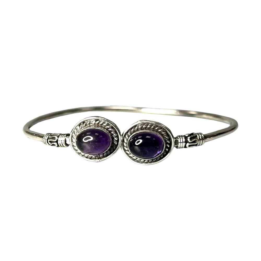 VIE Silver Plated Adjustable Boho Oval Cuff Bangle, Amethyst