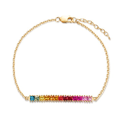 Carleen Solid 18K Yellow Gold Genuine 1.6Cttw Multicolored Natural Sapphire Rainbow Bar Dainty Bracelet For Women Girls Perfect Jewelry Bangle Gift #TOP16