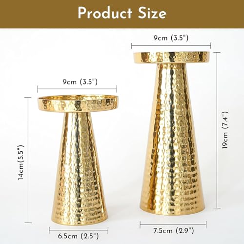 Image of Behoma Handcrafted Hammered Gold Pillar Candle Holder Gift Set | Luxury Table Centerpiece for Living Room & Dining Table | Premium Home & Wedding Decor Gift (Set of 2, Candles Not Included)