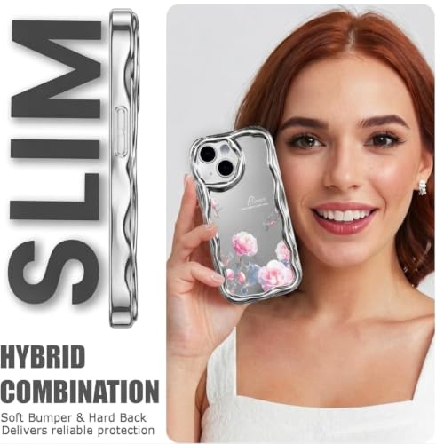 Image of VONZEE Cute Pink Flower Mirror Back Cover for iPhone 15| Clear Shockproof TPU Protective Case | Slim Anti-Yellowing Crystal Clear Phone Cover for Girls and Women