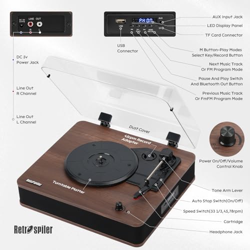 Retrospiler Tourne Disque, Platine Vinyle entrée et Sortie Bluetooth avec Haut-parleurs intégrés, Radio FM, Enregistrement Vinyle-MP3, Lecture USB et SD, écran LED, Noyer - Les Beatles, Paul McCartney, John Lennon, RIngo Starr, George Harrison Retrospiler Tourne Disque, Platine Vinyle entrée et Sortie Bluetooth avec Haut-parleurs intégrés, Radio FM, Enregistrement Vinyle-MP3, Lecture USB et SD, écran LED, Noyer – Image 8