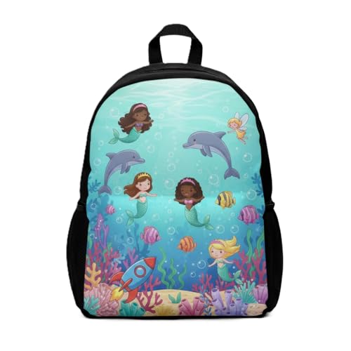Mini Mochila Infantil com Tema Sereia e Fundo do Mar, Nylon 600, 11 x 27 x 38 cm, Compartimento Principal e Alças Ajustáveis