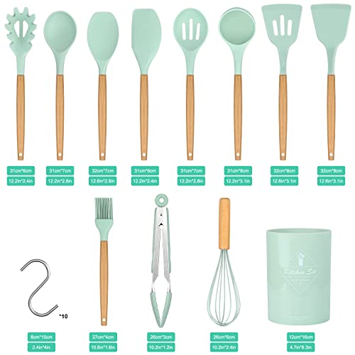 Kitchen Utensil Set - 22 Pcs Silicone Cooking Utensils Heat Resistant Nonstick Kitchen Tools with Hooks, Silicone Kitchen Gadgets with Wooden Handle, Turner Tongs Spatula Spoon Cooking Tools, Green