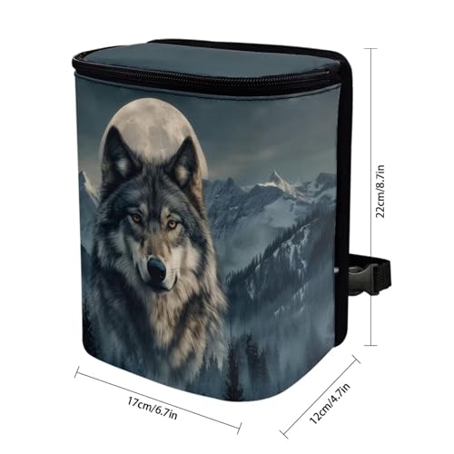 Image of Talayituse Mountain Wolf Moon Print Car Trash Can Portable Auto Garbage Bin Multifunctional Vehicle Interior Accessories with Adjustable Straps Universal Fit Truck SUV Sedan