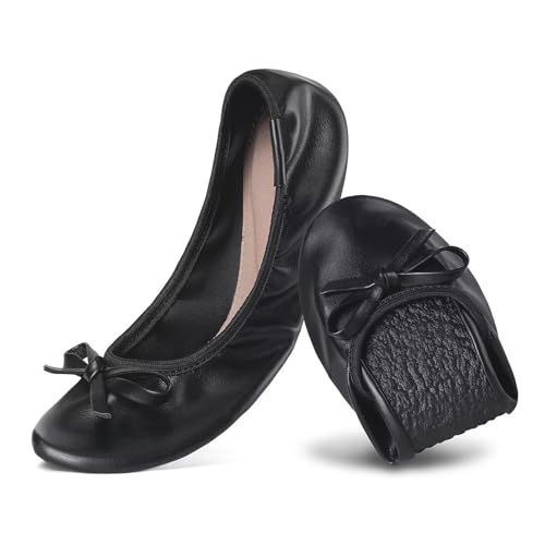ZYEN Women's Flats, Portable Foldable Casual Flats for Women, Bowknot Round Toe Comfort Light Weight Slip-On Dress Shoes 8829 Black 9