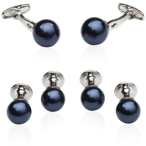 Cuff-Daddy Navy Blue Swarovski Simulated Pearl Formal Set Cufflinks and Studs with Presentation Box