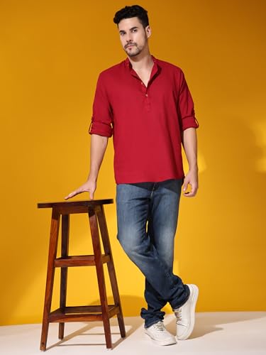 SKAVIJ Men’s Cotton Linen Kurta Shirt – Long Sleeve Henley with Mandarin Collar Roll-Up Sleeves Casual Ethnic Tunic Top4