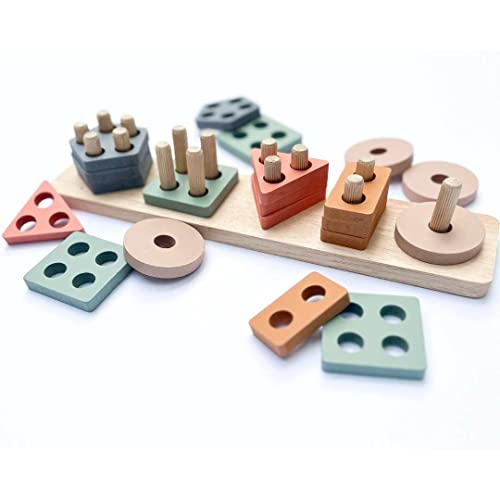 Image of Montessori Wood Stacking and Sorting Toy for Toddlers - Educational Shape Sorter and Color Stacker - for 18+ Month Old Boys and Girls - Ideal for Preschool Kids' Learning and Development