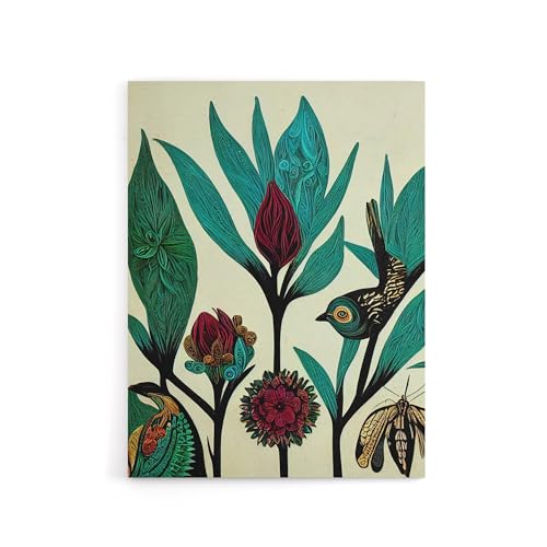 Artery8 Folk Art Flowers Birds Canvas Wall Art Print 12X16: Hand-painted folk motifs of blossoms and birds, rustic charm ideal for country or bohemian themes