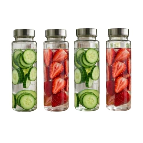 Image of CROCO JAR Wide Mouth Glass Water Bottle with Leak-Proof Airtight Double Layer Stainless Steel Lid for Water, Smoothie, Juices (500ML STEEL PK4)