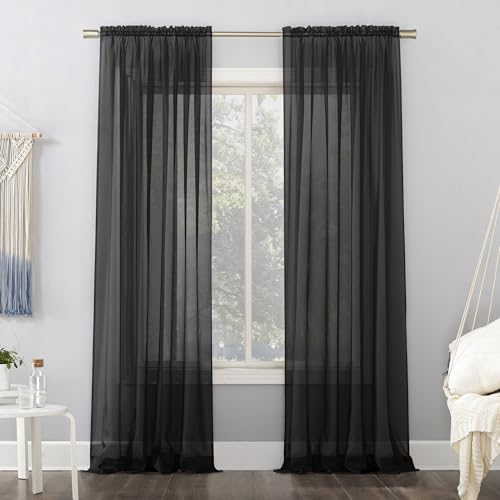 Image of No. 918 Emily Sheer Voile Rod Pocket Curtain Panel, 59 inch x 84 inch, Black