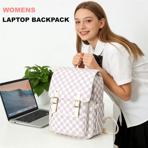 Image of Women Laptop Backpack, Corduroy 15.6 inch Travel Backpack for Work College Business, Teacher Nurse Bag with Large Capacity School Bookbag Bags for Girls - Checkered Purple